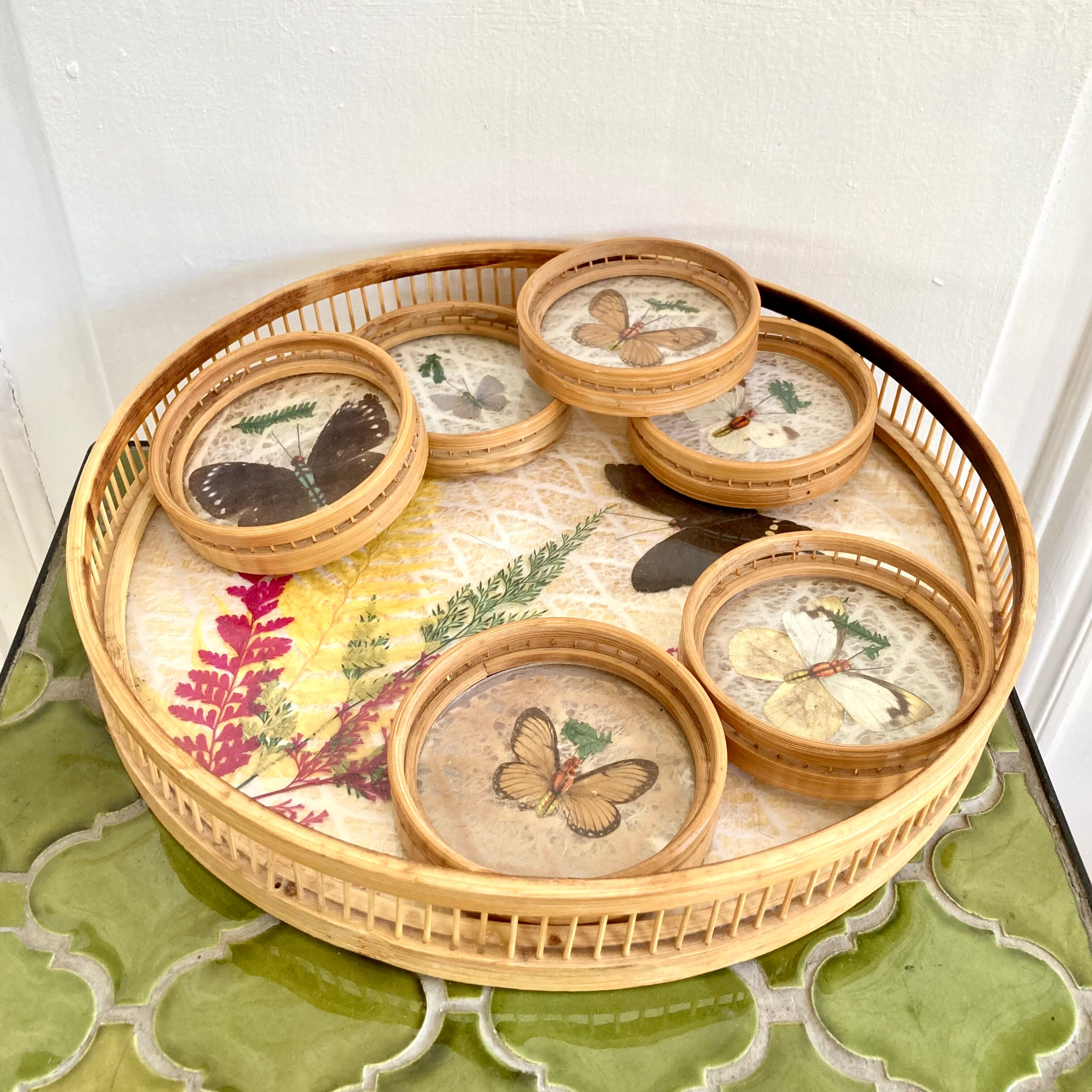 Bamboo butterfly tray and 6 vintage coasters