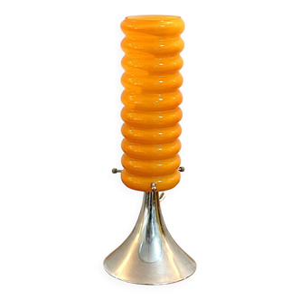 Lampe orange vintage à base tulipe chromée et abat-jour en verre