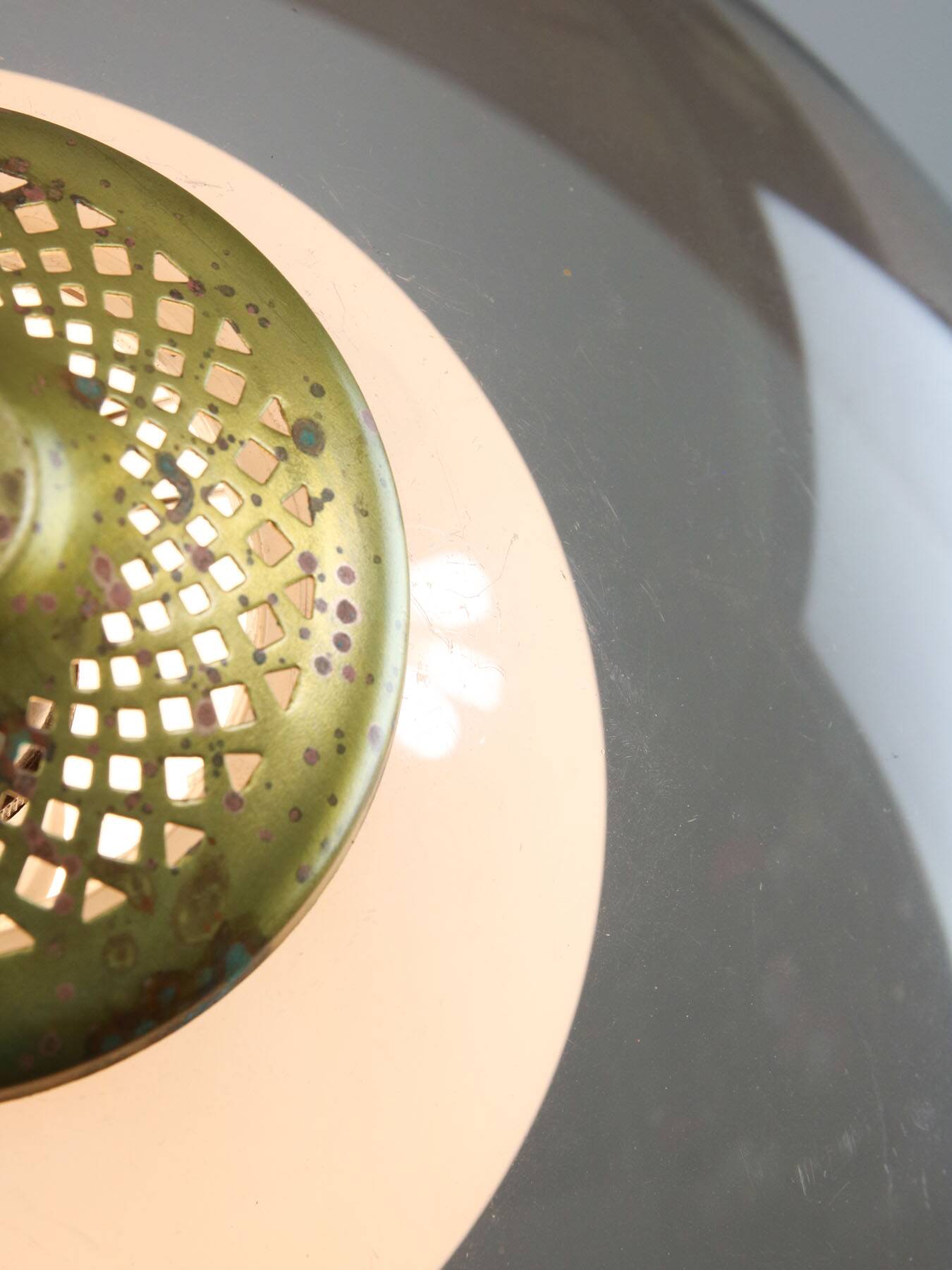 Space-age italian brass, opaline and plexiglass pendant lamp