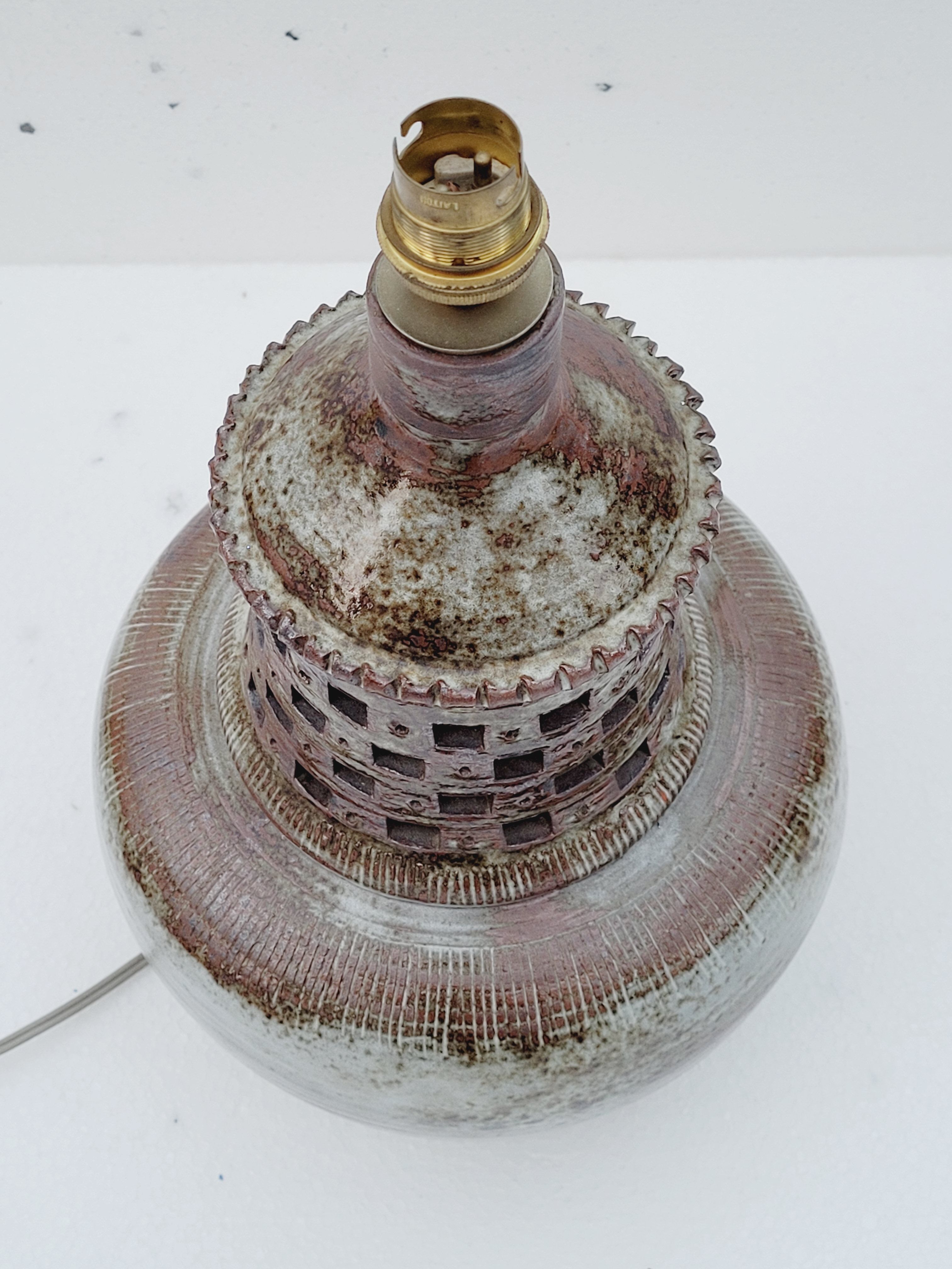 Vintage lamp foot in openwork ceramic email brown gray signed