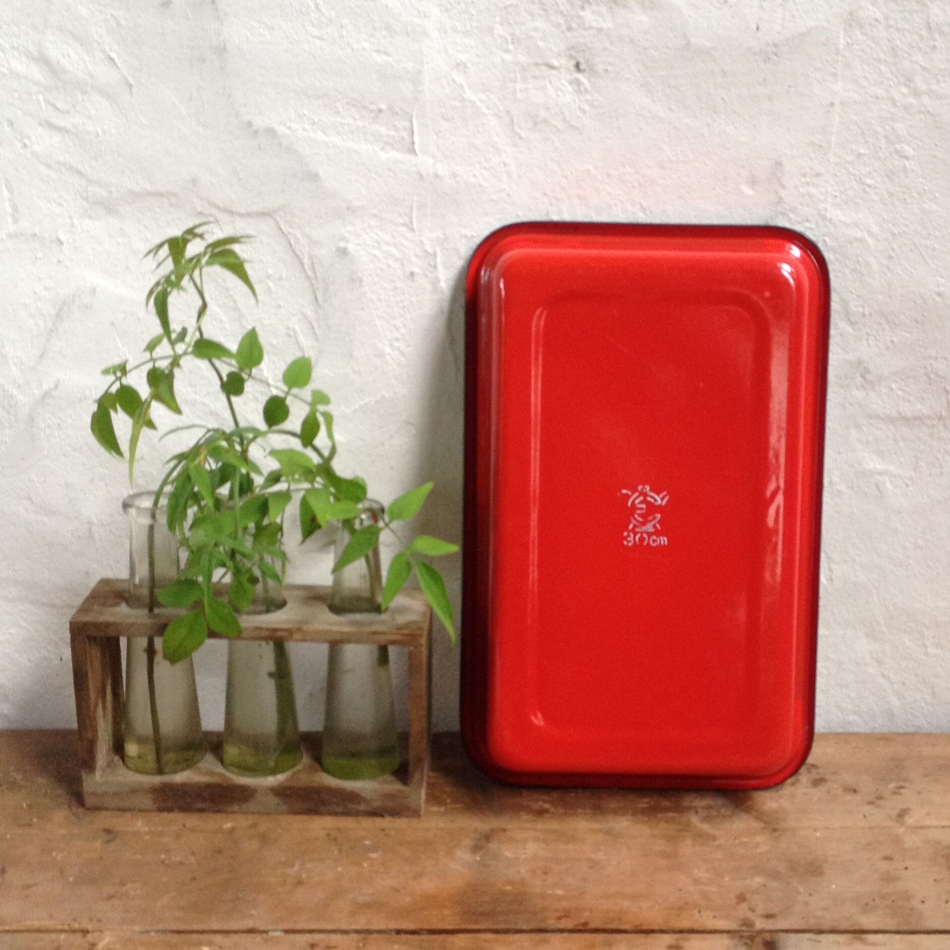 Red enamelled plate dish