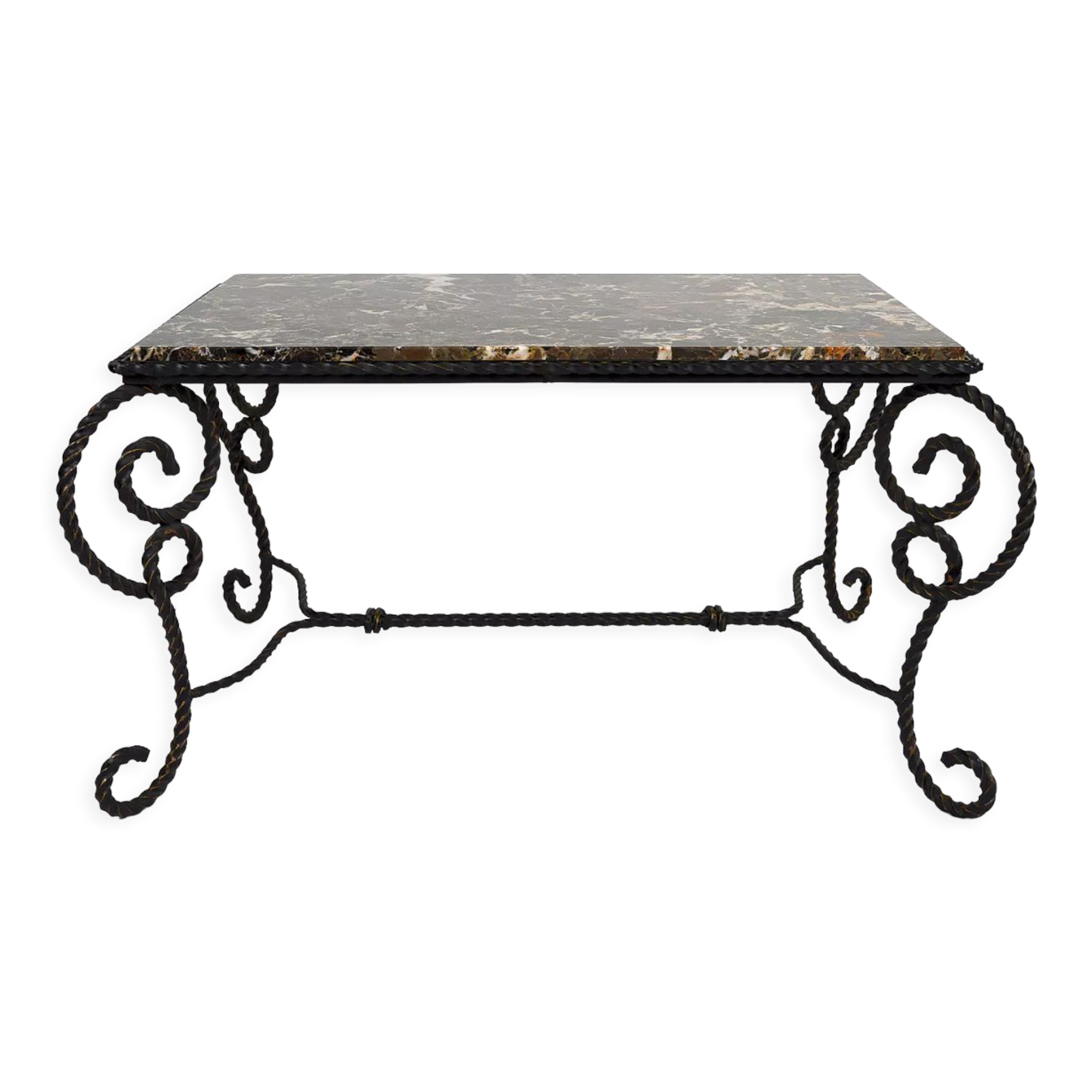 Coffee table in patinated wrought iron and marble, circa 1940