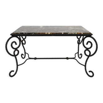 Coffee table in patinated wrought iron and marble, circa 1940