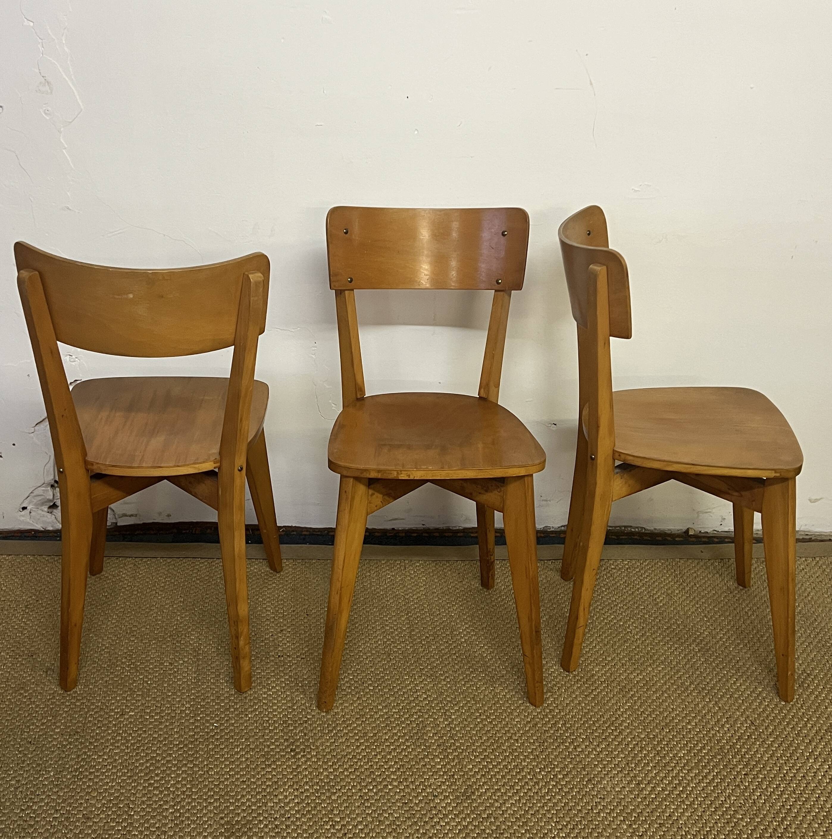 Set of 3 vintage wooden bistro chairs