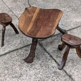 Vintage 1950s Brutalist Coffee Table and Two Stools