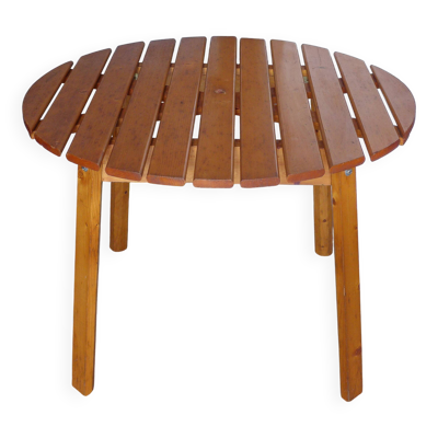 Table ronde en pin vintage, table pin à lattes, table vintage, meuble pin