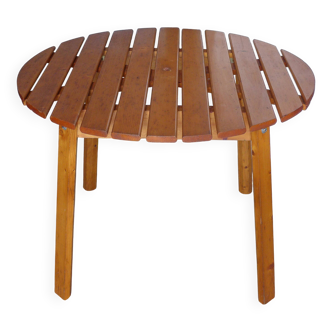 Table ronde en pin vintage, table pin à lattes, table vintage, meuble pin