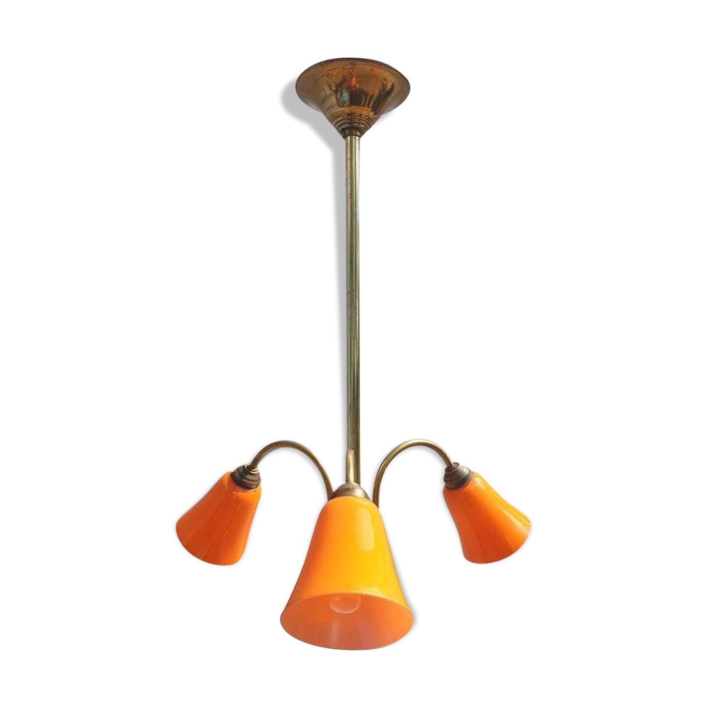 Brass chandelier 3 tulips orange Casimir 1970