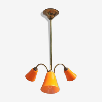 Brass chandelier 3 tulips orange Casimir 1970