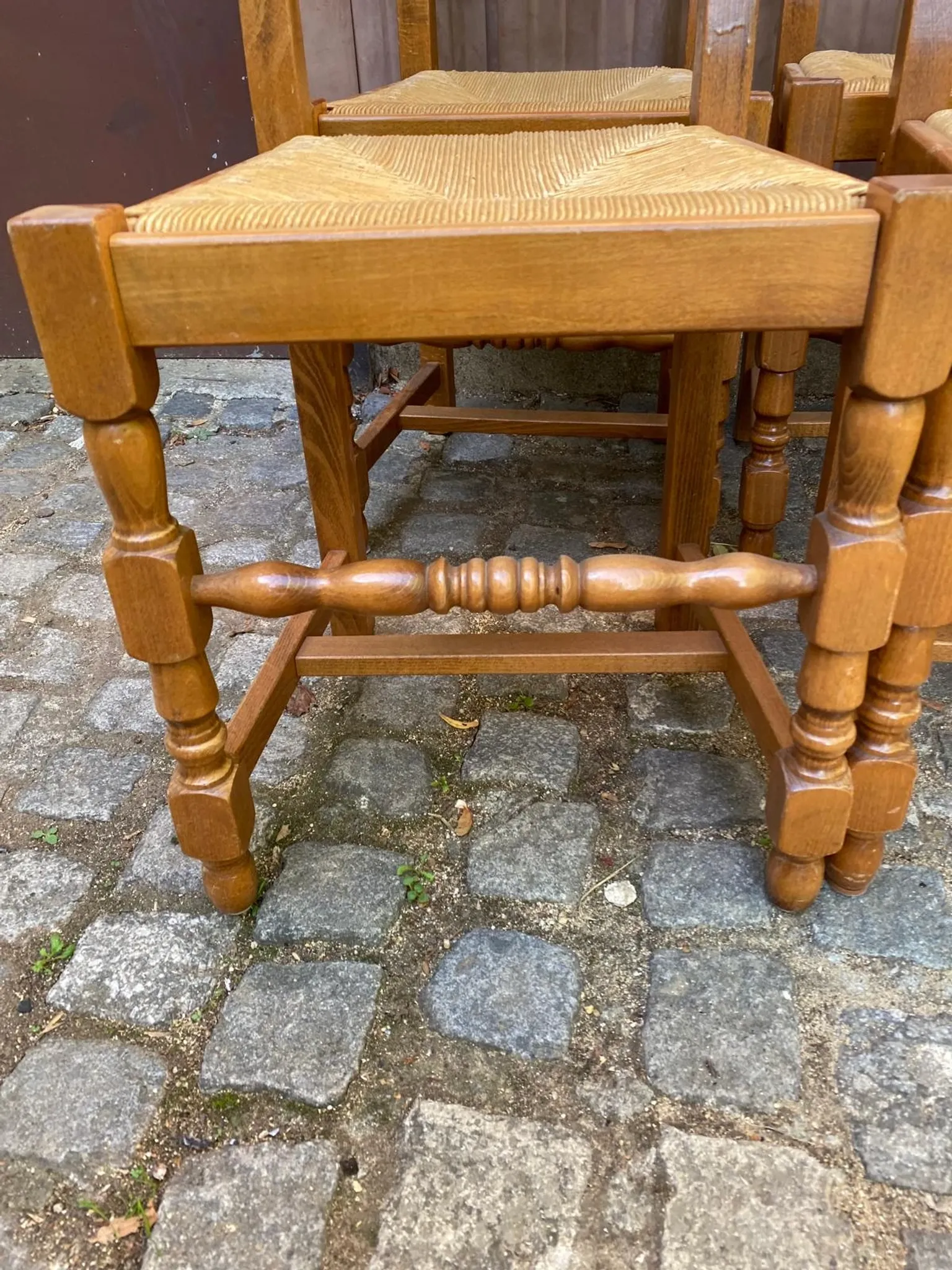 6 Rustic Oak and Straw Chairs — 1970s Country Style