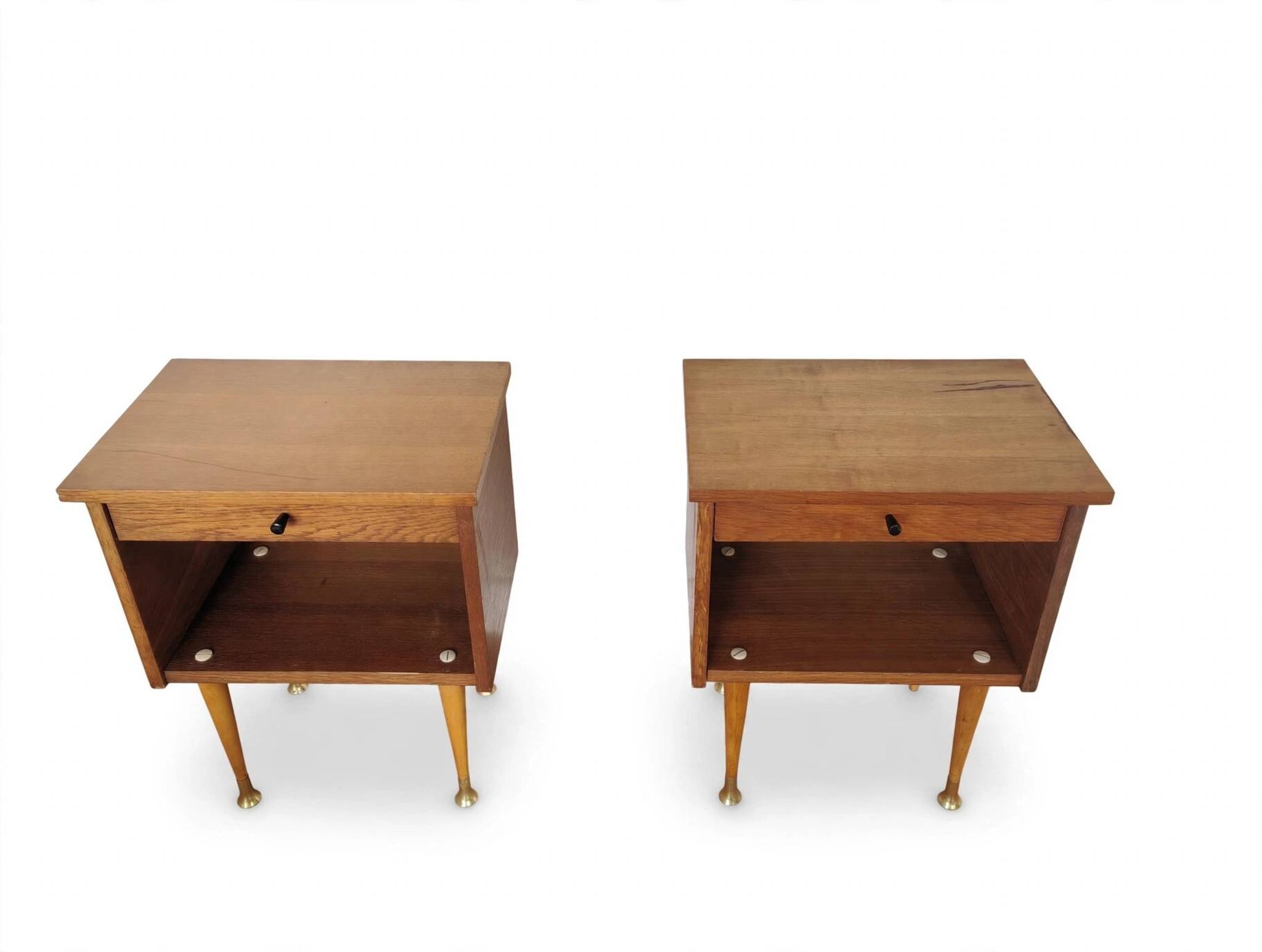 Pair of Vintage Mid-Century Nightstands in Walnut & Brass - 8 Bell Feet -