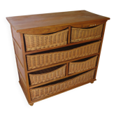 Meuble de rangement - commode bois – 8 tiroirs en osier -campagne bohême