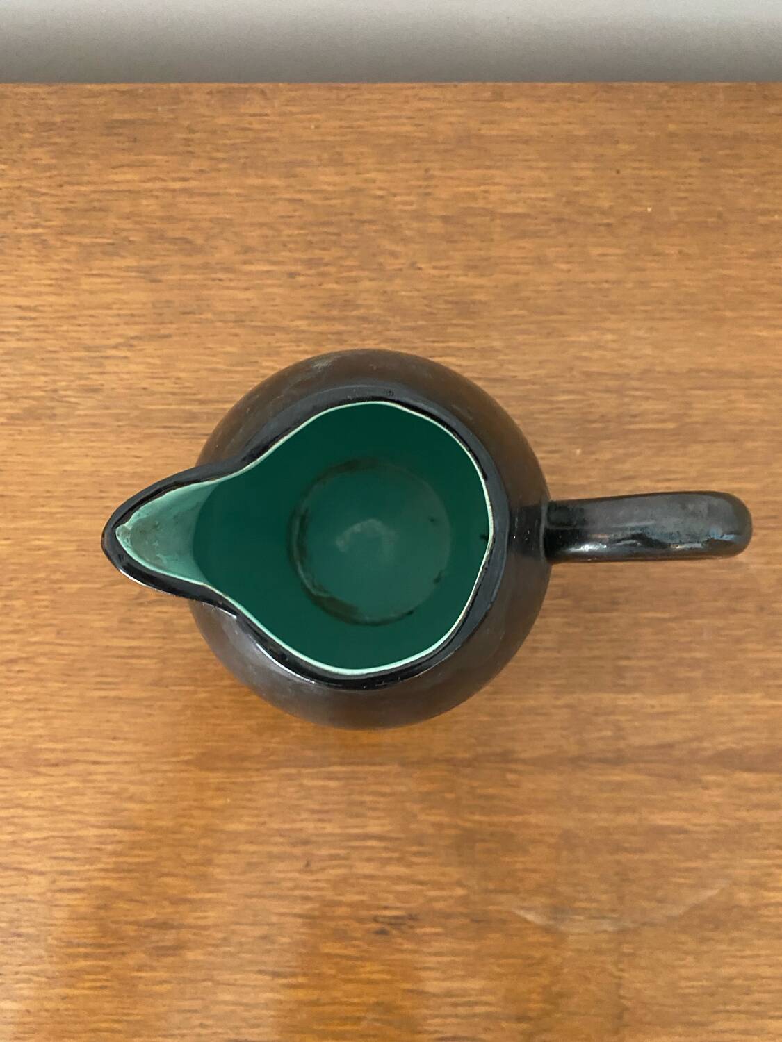 Old ST CLEMENT Ceramic Pitcher Black Green Interior 50's Vintage #B921