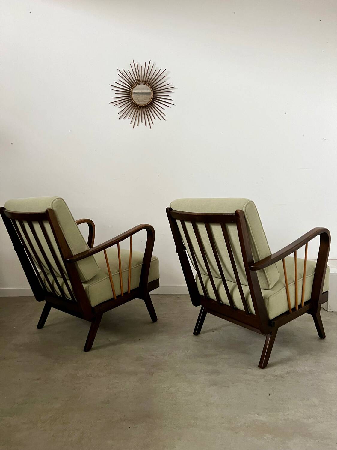 Set 2 old designer fireside chairs from the 50s wood and vintage fabric