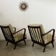 Set 2 old designer fireside chairs from the 50s wood and vintage fabric