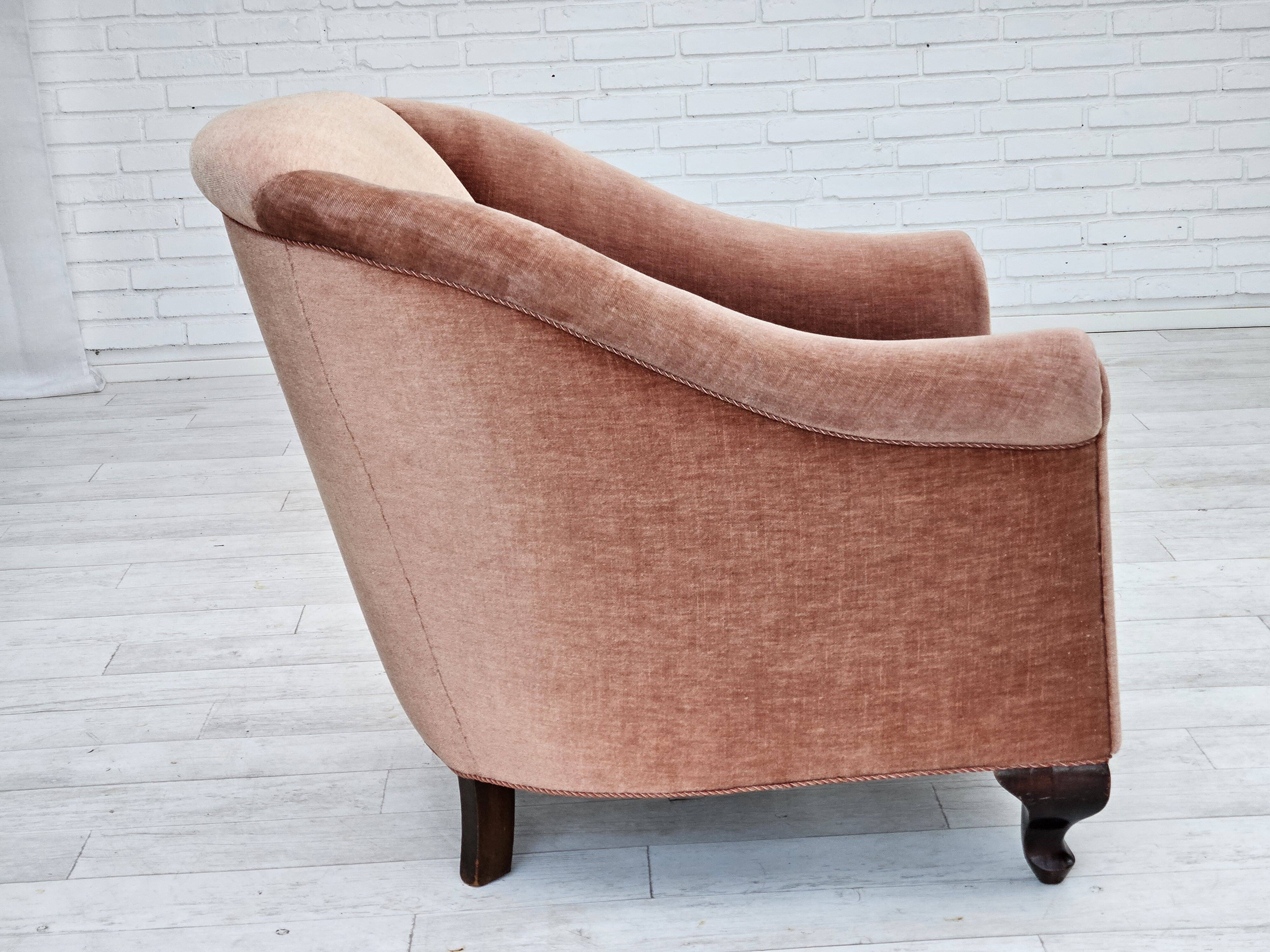 1960s, Danish armchair, salmon pink furniture velour, ash wood legs.