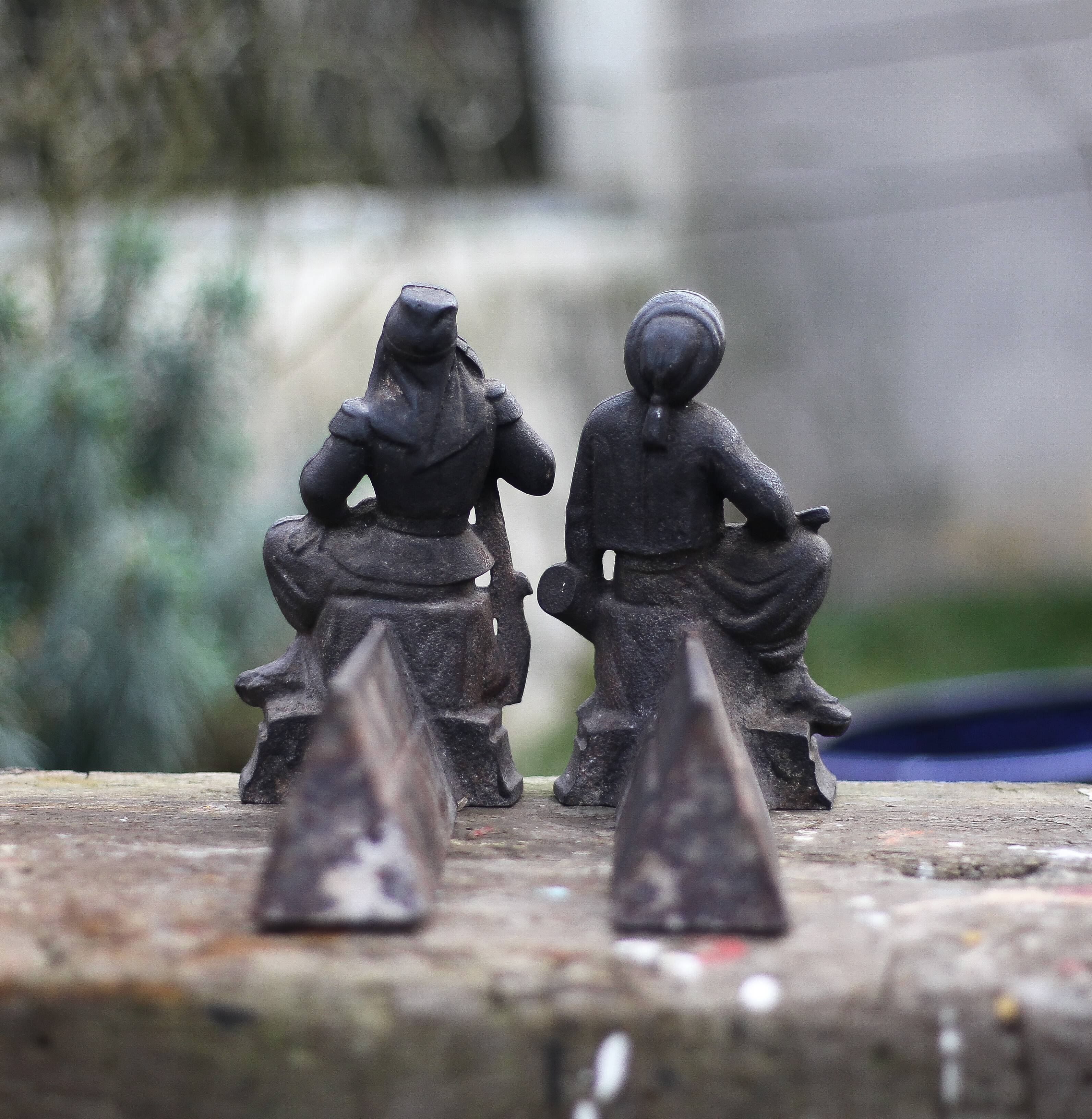 Pair of vintage fireplace andirons, anthropomorphic andirons, fireplace accessories