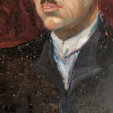Old oil painting on cardboard portrait of a man in a dark suit