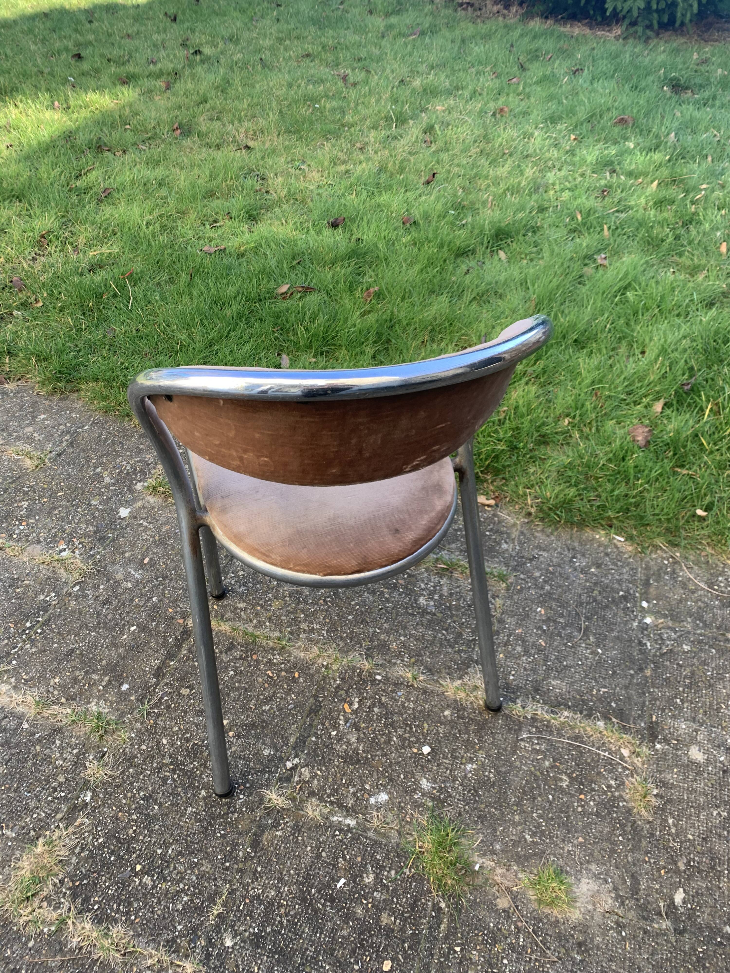 Chair in beige velvet and chrome, curved shape, vintage 1950
