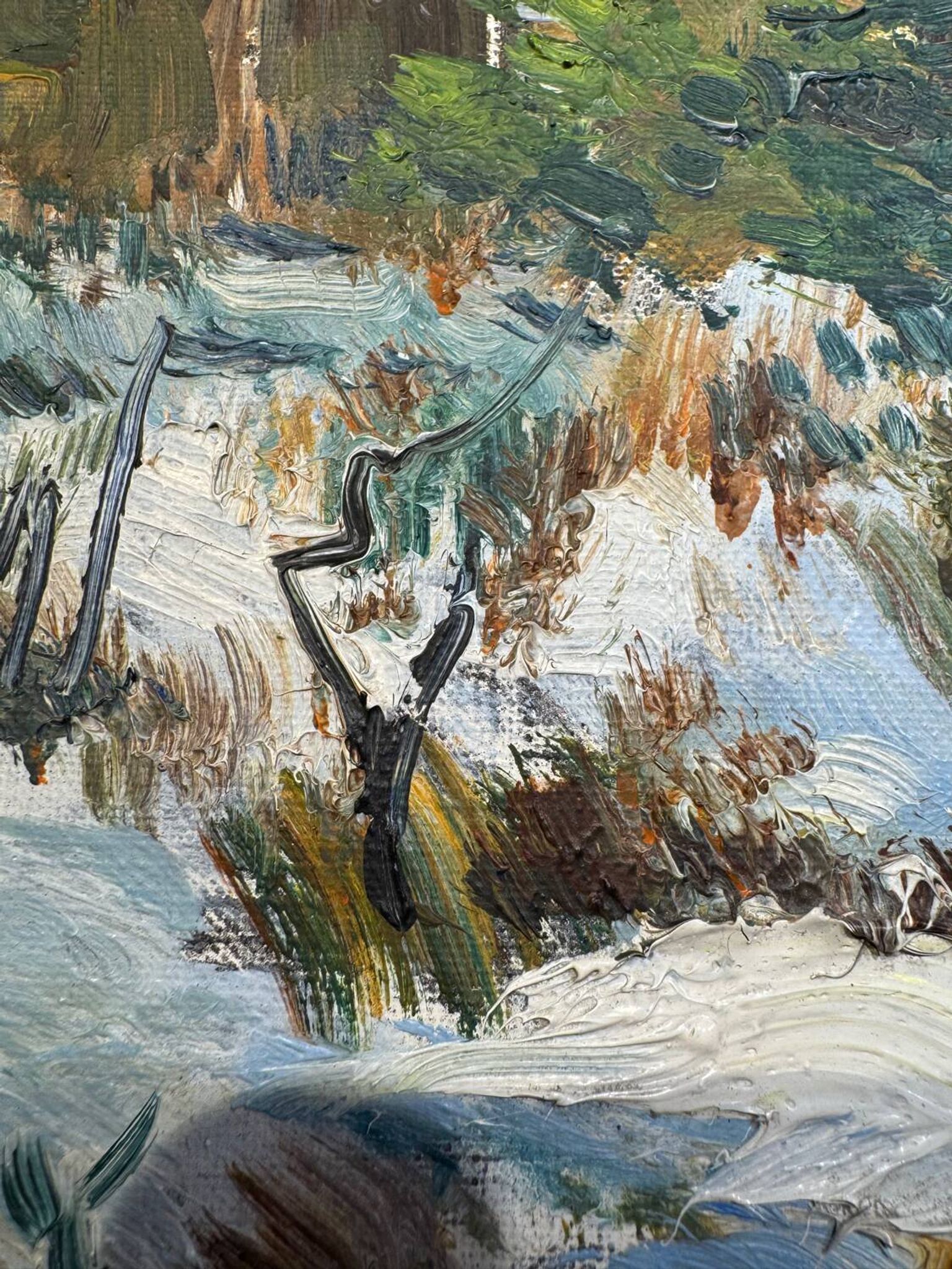 Antique painting, landscape under the snow, signed Fallet 1967