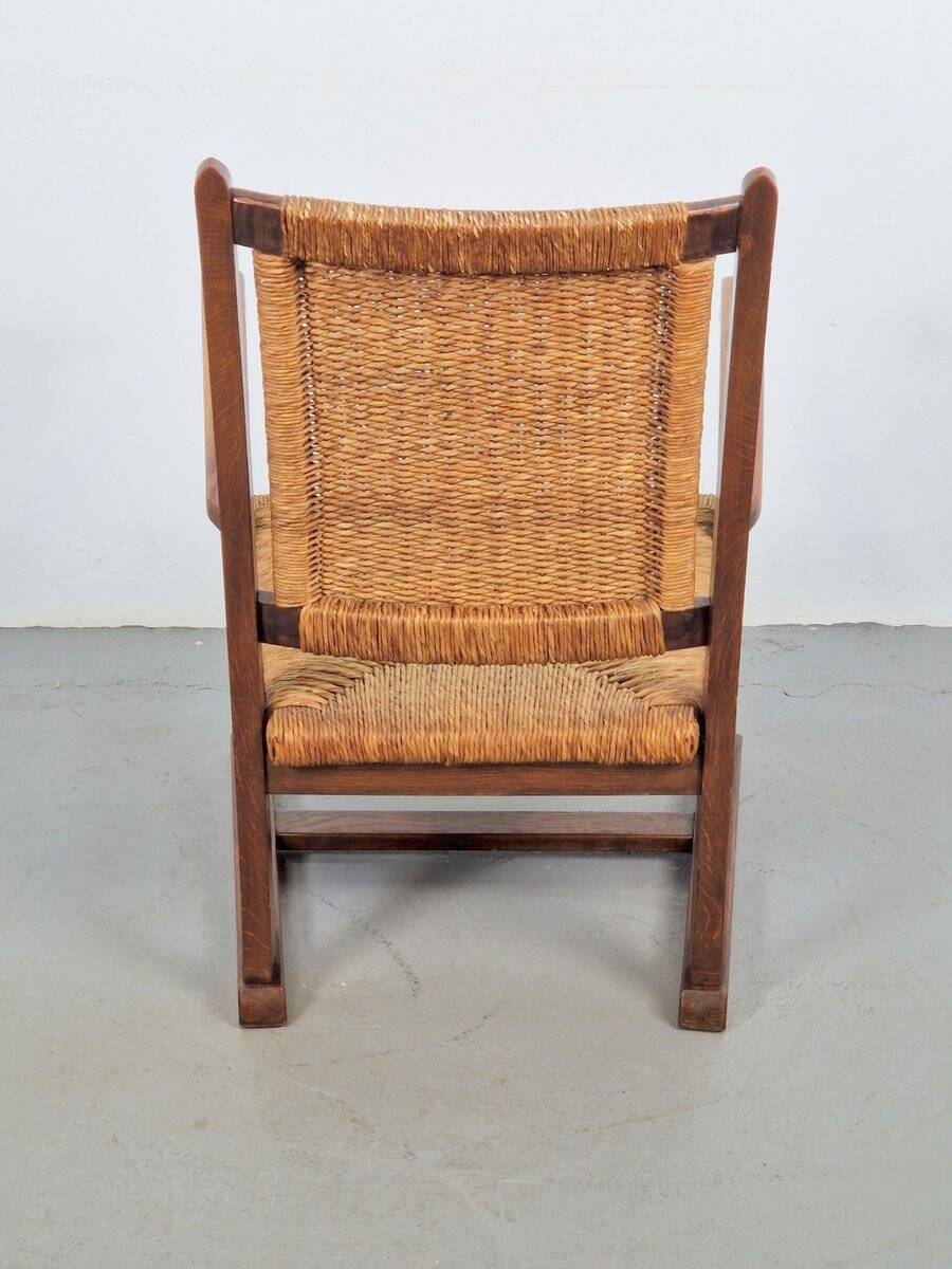 Modern Dutch Brutalist Armchair in Rush and Oak, 1950s