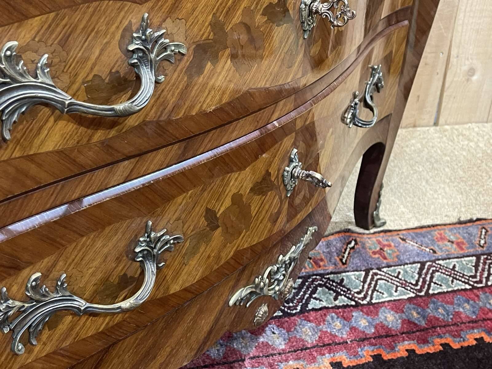 Louis XV style chest of drawers in rosewood, oak and marble top, made in the 70s