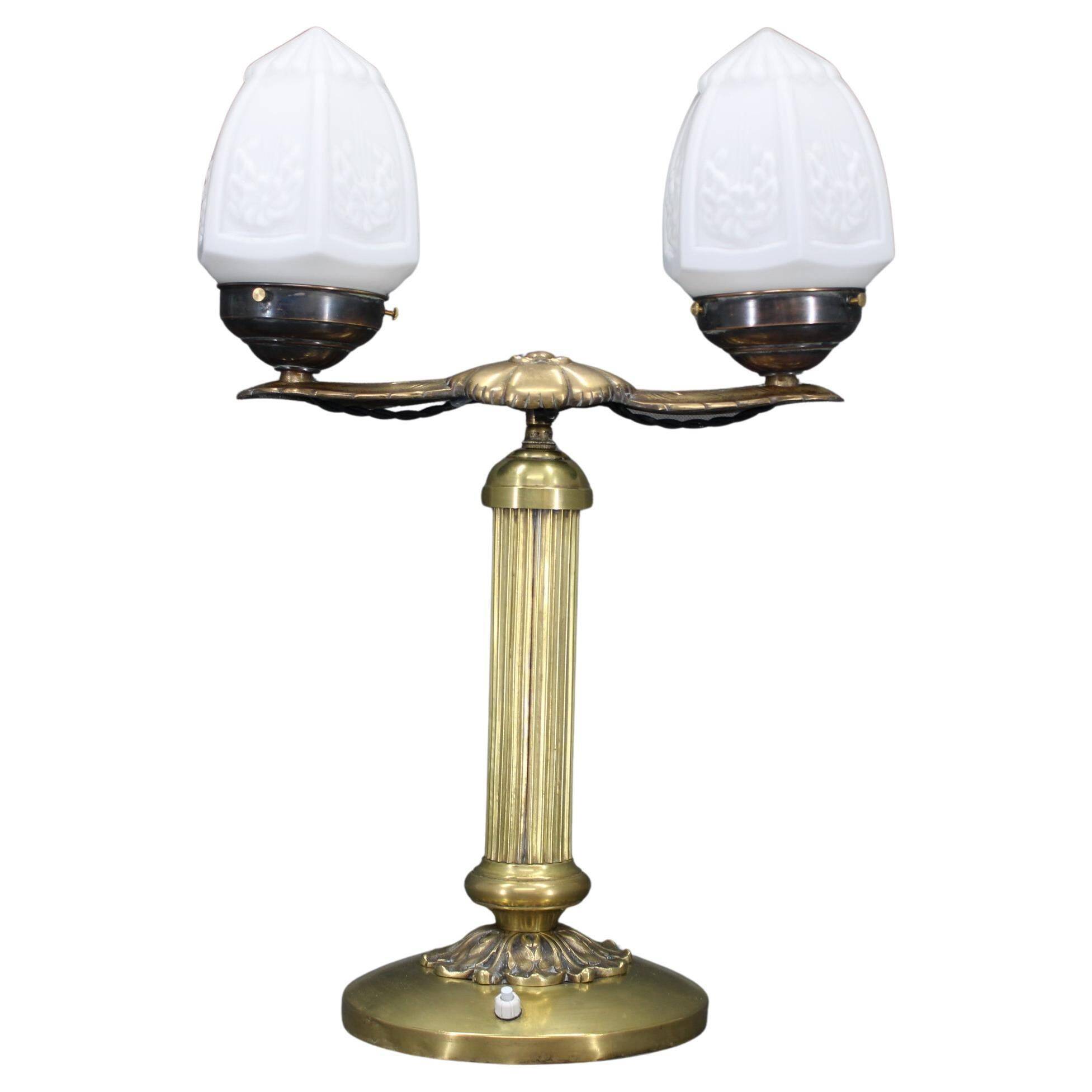 1930s Secession brass and glass dual desk lamp, Czechoslovakia