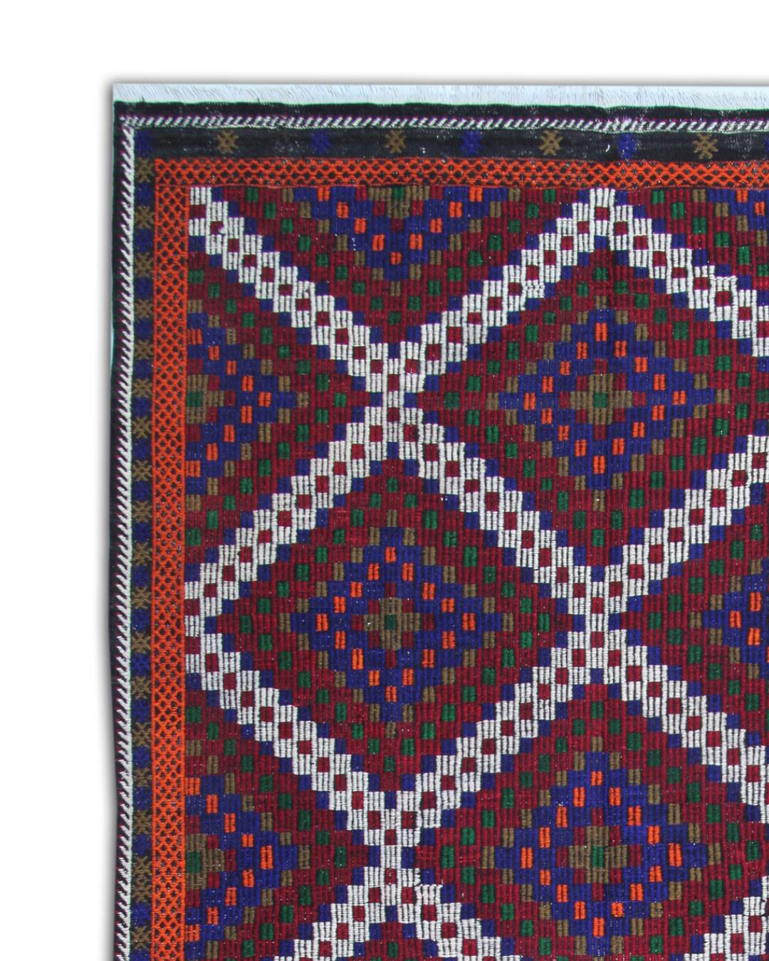 Tapis Kilim Turkman, tissage plat géométrique bordeaux et bleu marine, 314 × 174 cm