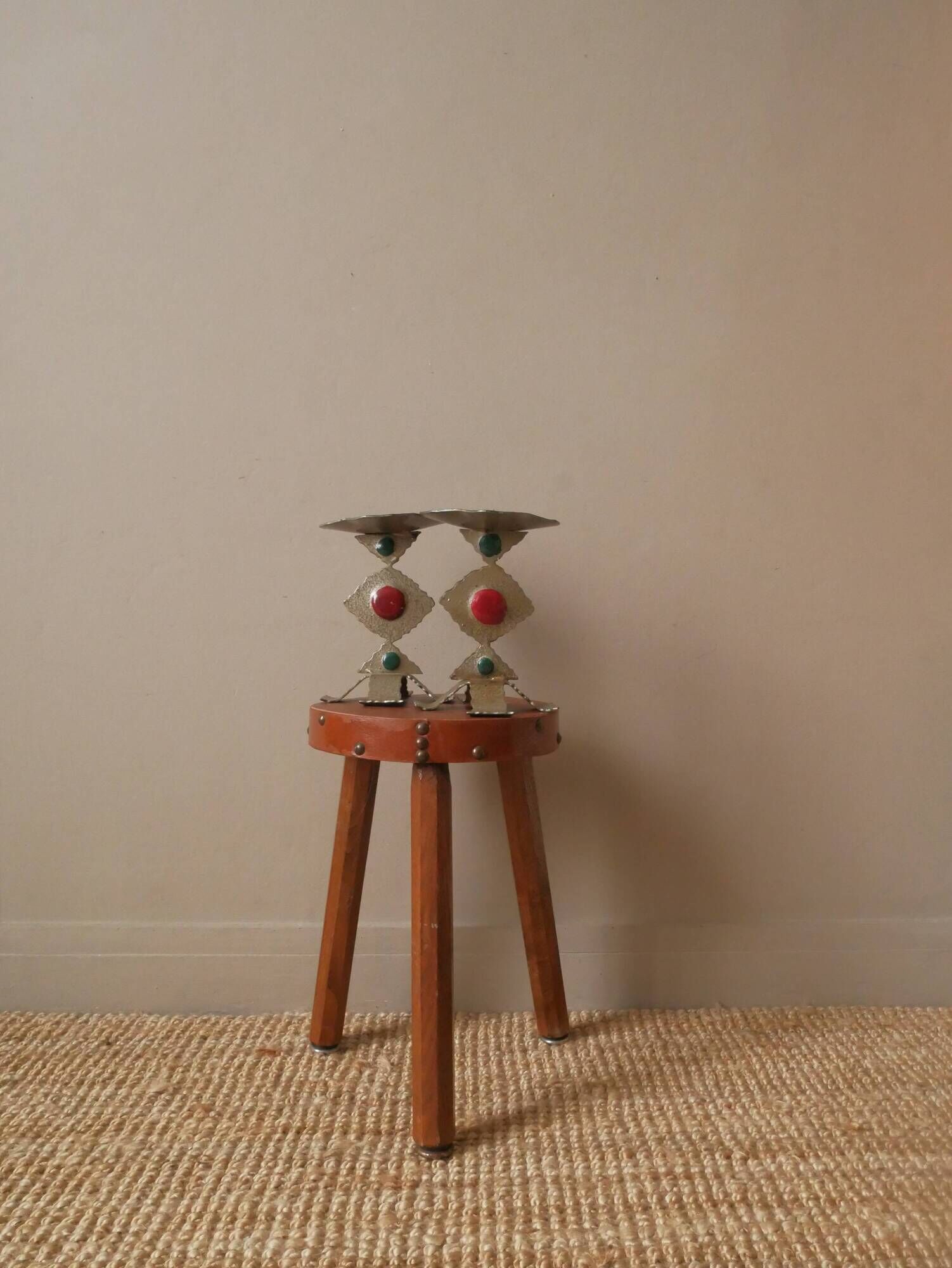 Pair of painted metal candle holders artisanal handmade wrought iron candelabra candlestick
