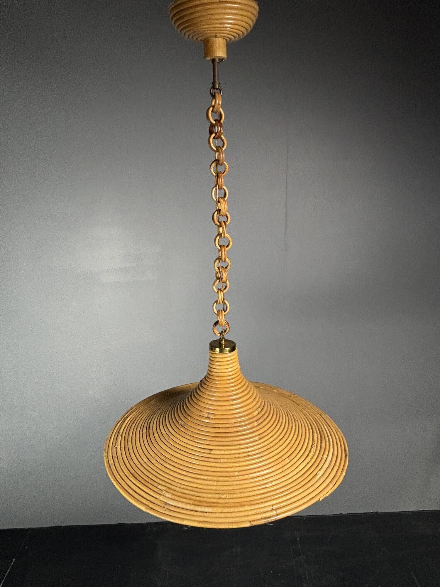 Mid-Century Italian witch hat pencil reed rattan bamboo and brass pendant