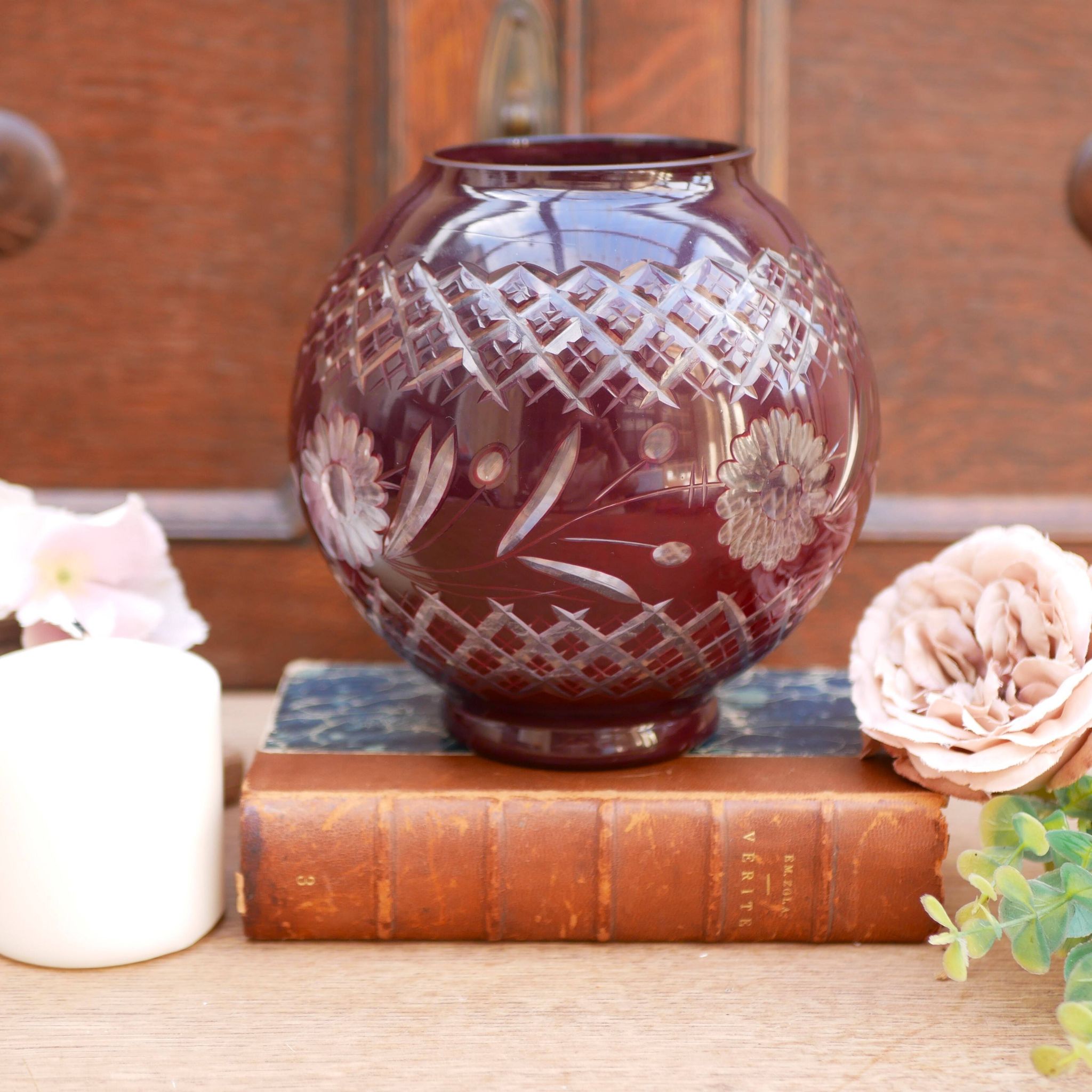 Burgundy cut glass vase or candle holder