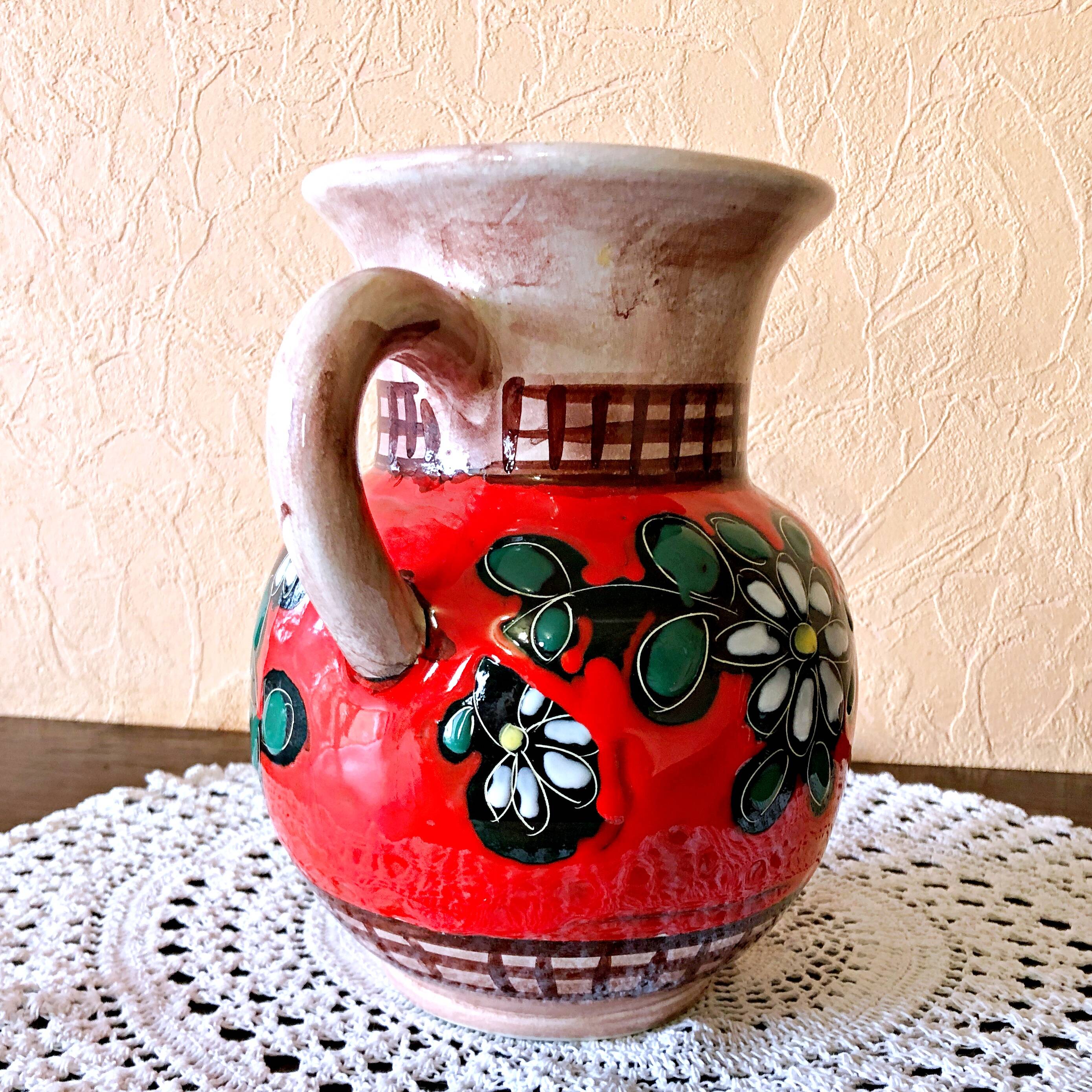 Carafe, jug, chevrette, artisanal, ceramic with floral decoration