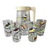 Carafe and its 4 glasses BVB France, bird decor, circa 1960
