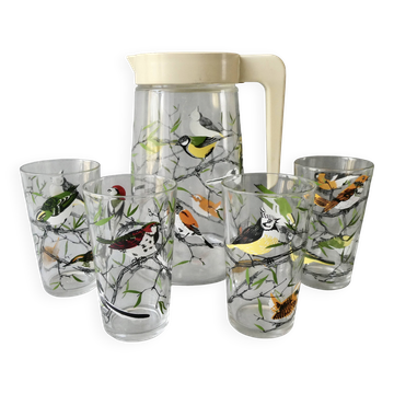 Carafe and its 4 glasses BVB France, bird decoration, around 1960.