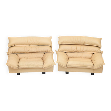 Duo of leather armchairs by Bernard Massot, 1970