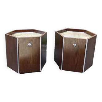 Pair of hexagonal bedside tables with cane top under glass 1970