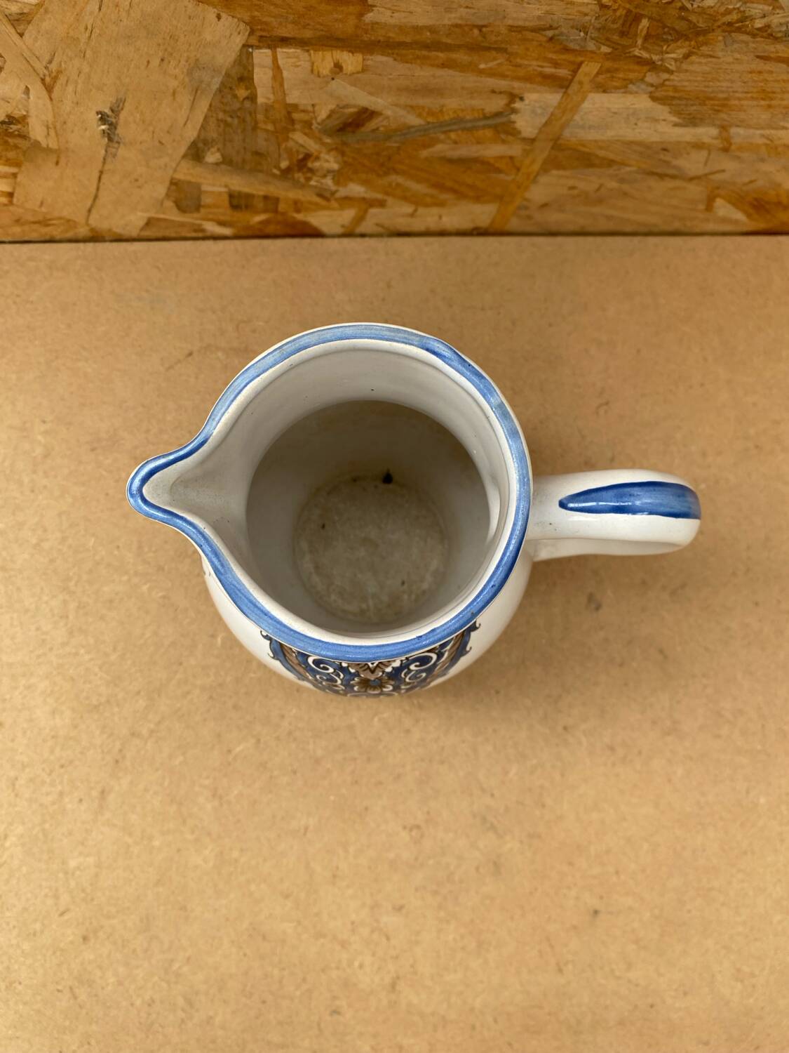 Antique Nevers Style Pitcher White Ceramic Blue Painted Decor Vintage #B630