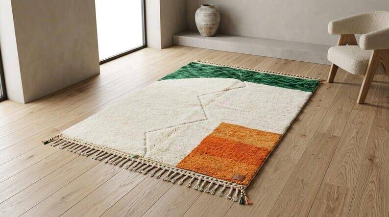 Handmade traditional Beni Ourain Berber rug with colourful patterns, 2/3 m.