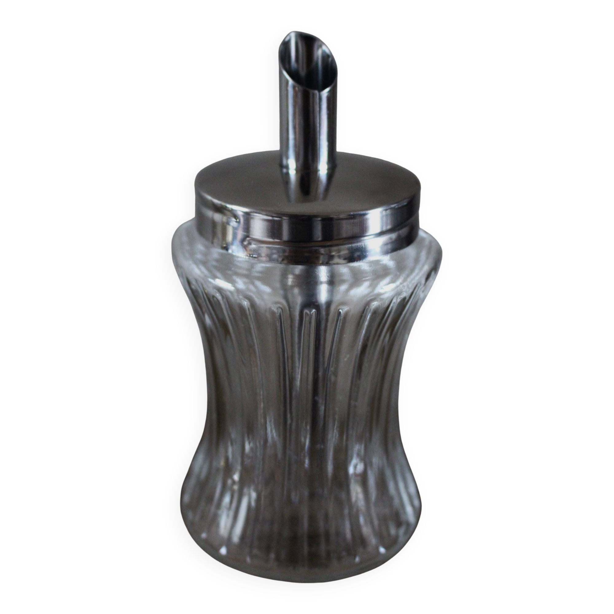 Vintage glass sugar bowl with metal spout