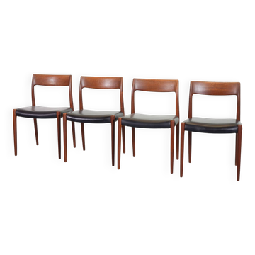 Niels Otto Moller Teak Wooden with Black Leather Dining Chairs, Model 77