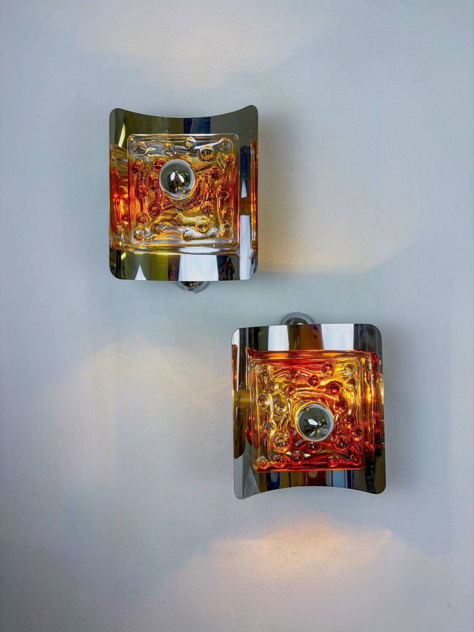 Pair of orange Murano Mazzega wall sconces, Italy, 1970s