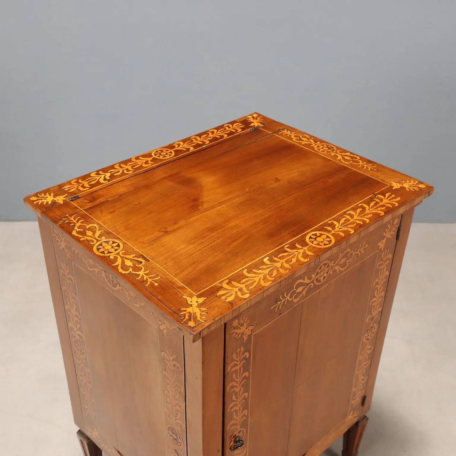 Antique walnut bedside table with maple inlays, converted into a bar cabinet, 19th century.