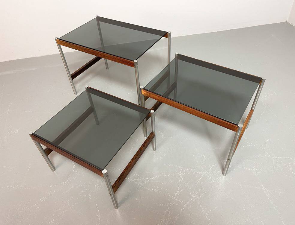 3 Fristho Dutch Design Nesting Tables with Smokey Glass Top Wenge Frame 60s