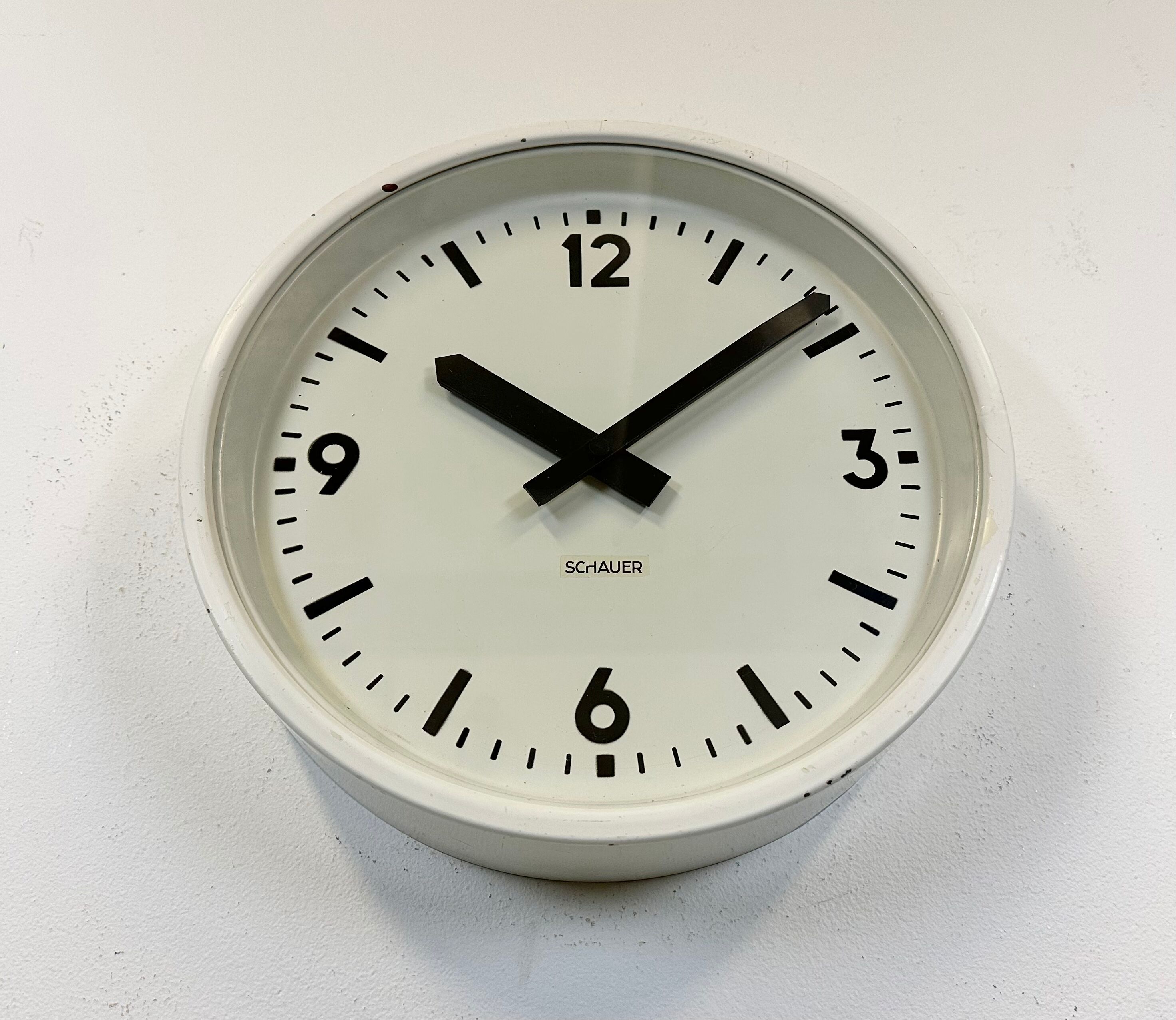 White industrial austrian factory wall clock from Schauer, 1960s
