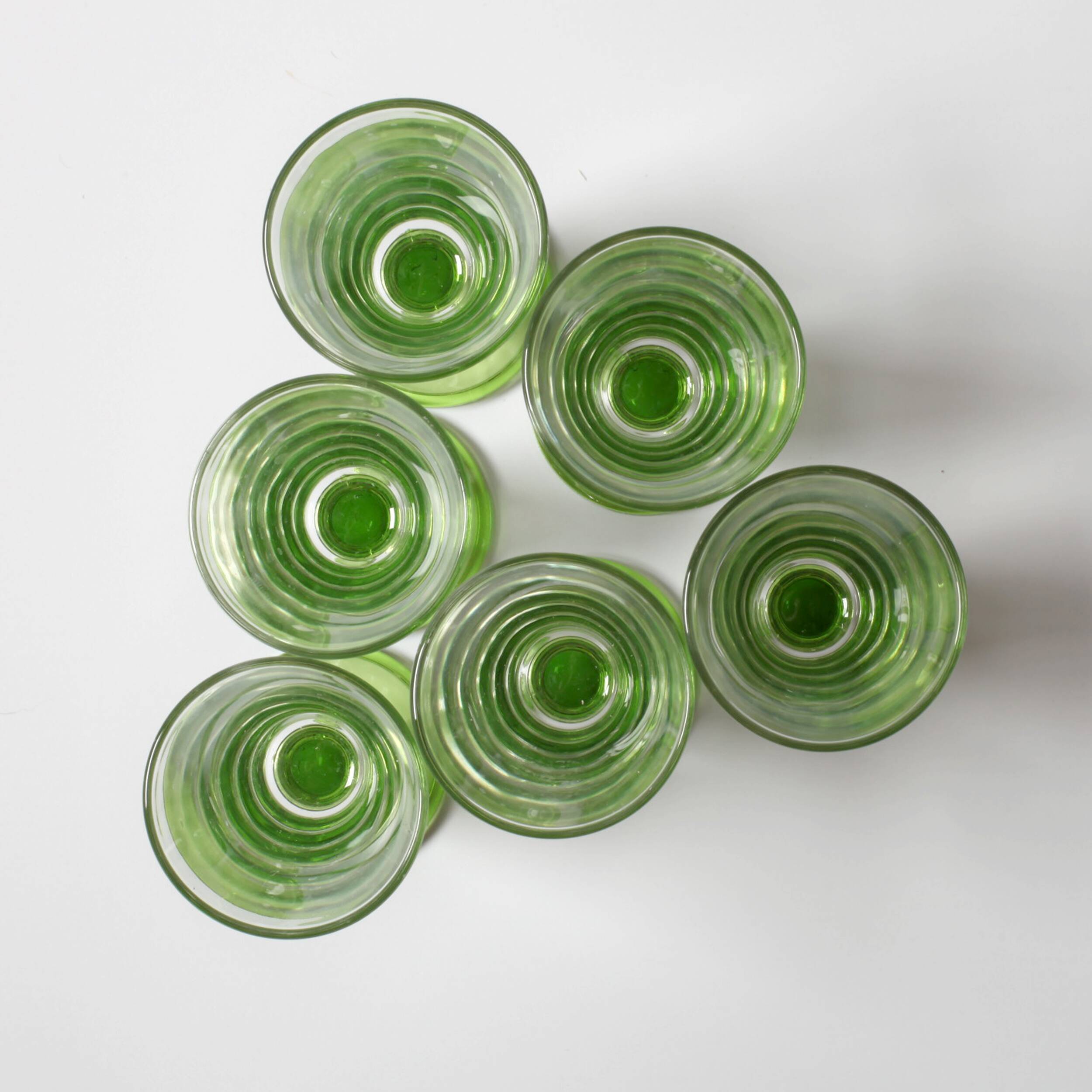 Set of 6 Vintage Green-Footed Glasses / Mid-century Rare Liquor Flutes