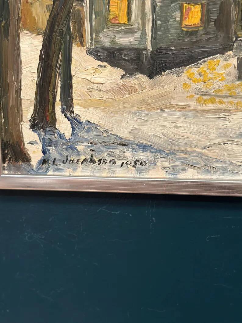 Original Swedish Oil on Panel – “Winter Landscape with House” by M. L. Jacobson – Signed – Vintage & Framed – 48 × 41 cm (18.9" × 16.1")