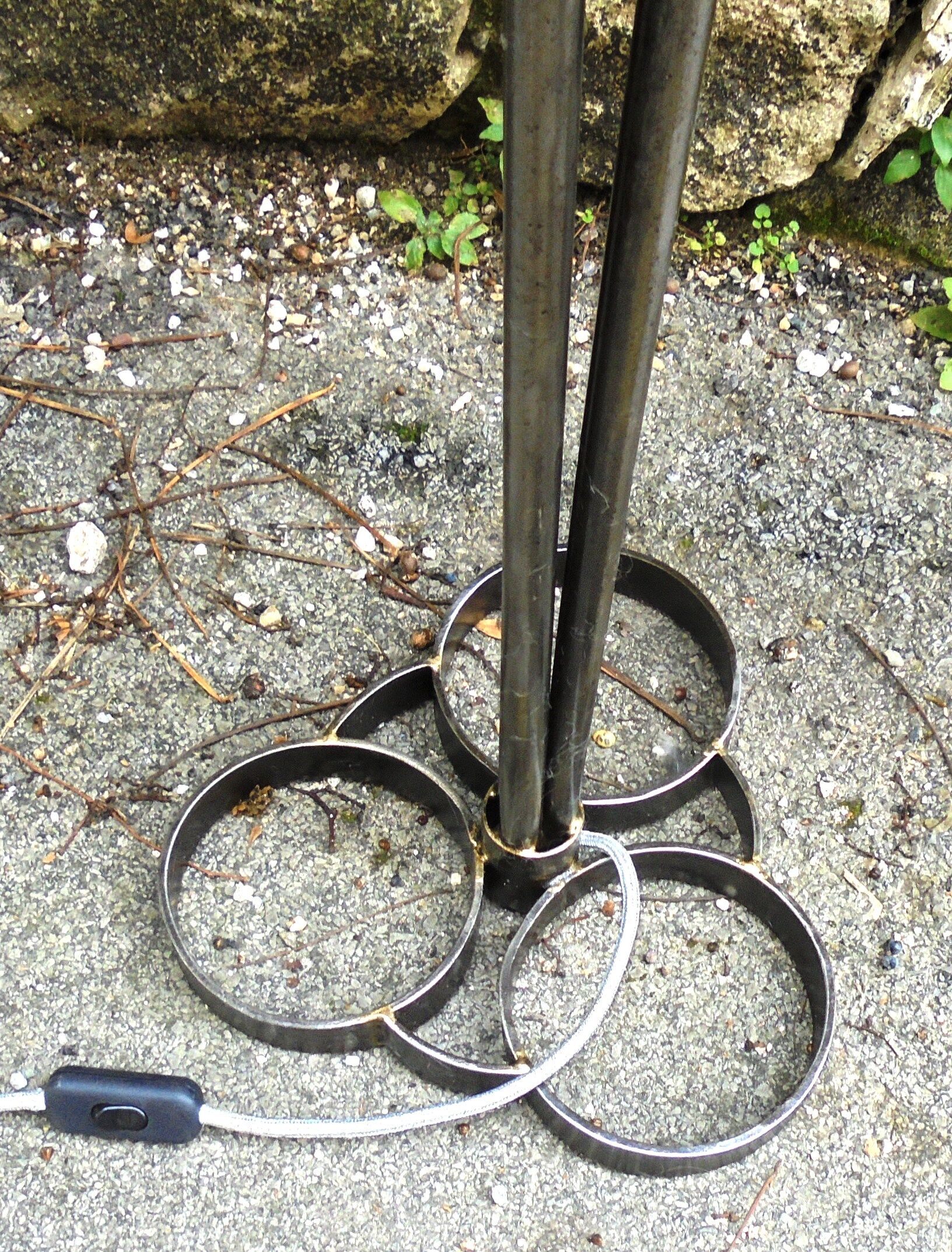 Large tripod steel lamppost and blown glass 1970