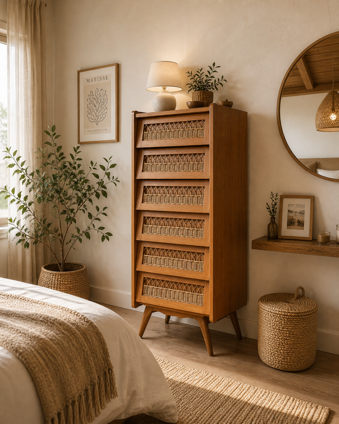 Vintage rattan chest of drawers with splayed legs from the 1950s.