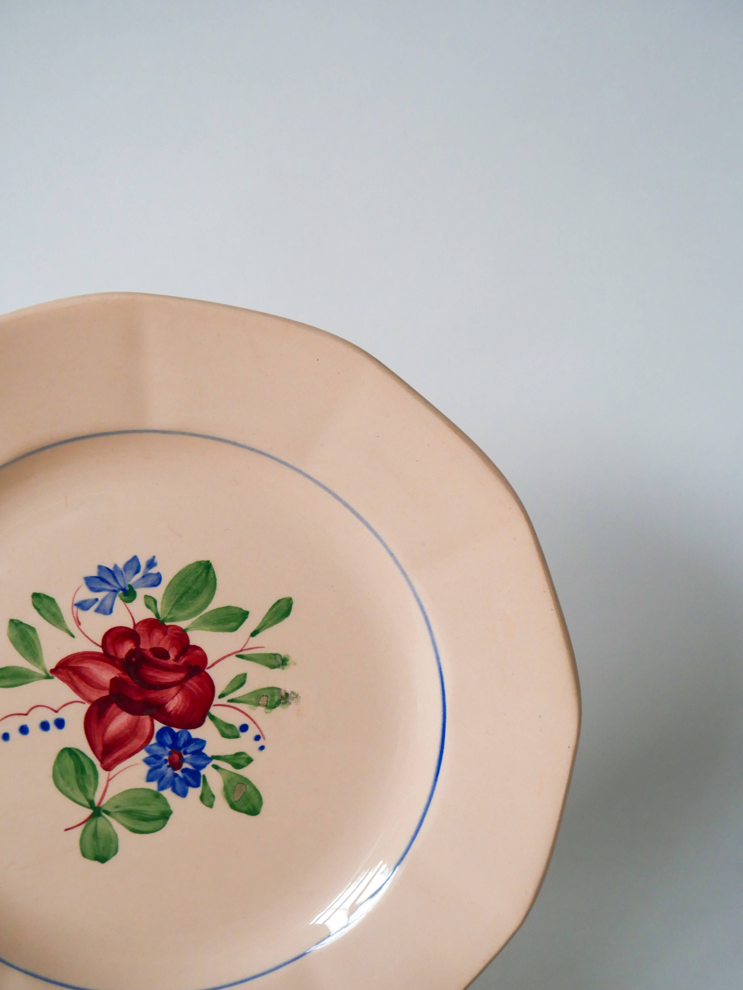 Set of 6 digoin sarreguemines dessert plates with pink flowers