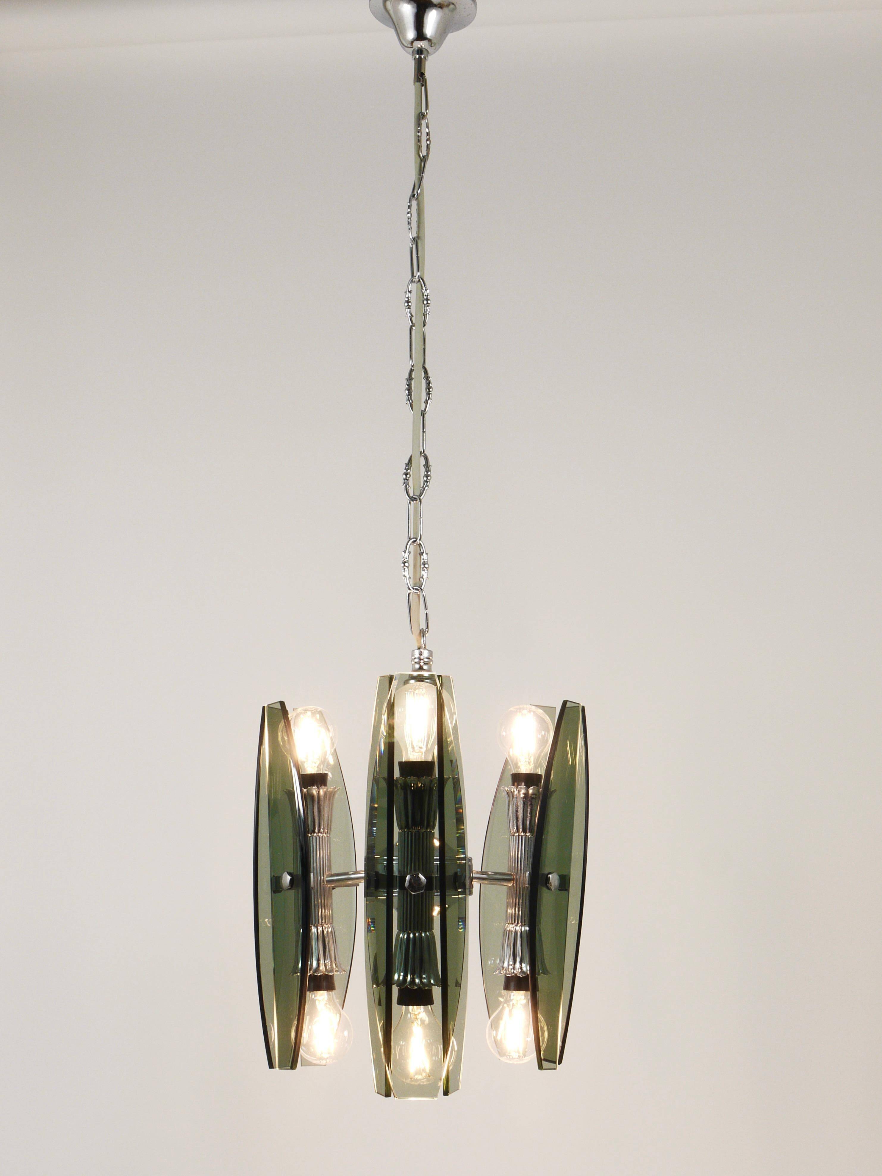 Glass and chrome suspension light in Fontana Arte style by Veca Murano, Italy.